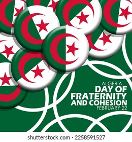 Stack of pin badges with the image of the Algerian flag and bold text on abstract dark green background to commemorate Day of Fraternity and Cohesion on February 22