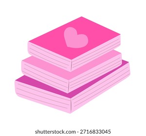 Pila de libros de color rosa con el corazón sobre fondo blanco. Ilustración plana de Vector. Día de San Valentín.
