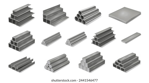 Stapel von Rohren, isolierter realistischer Stapel von Metallteilen für den Bau und die Industrie. Vektortechnik und Reparatur, Sanitär- und Entwässerungssysteme. Pipelines und Rohrleitungstechnologien