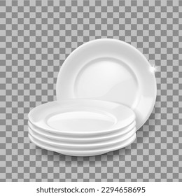 Stack of plates, Dishes realistic, 3d white ceramic tableware, Stacked crockery Vector illustration