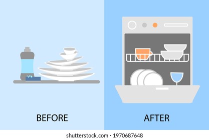Stack of plates and dishwasher. comparison before and after. Vector illustration. Flat objects