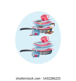 Stack of plates in the pan. Vector illustration on blue oval shape background.