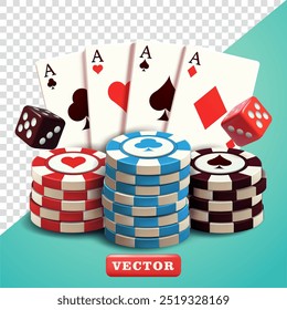 Stack of poker chips, cards and dice, 3d vector. Suitable for business, games and design elements