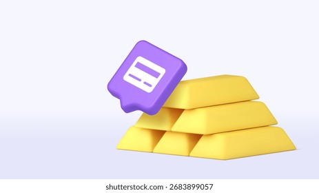 Stack of polished gold bars combined with a purple bank card represents wealth, financial management, savings, and investment strategies for business and banking platforms. Banner vector illustration