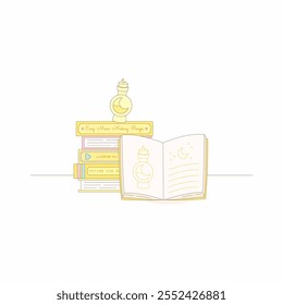 a stack of potion books for crescent moon magic potion making, vector illustration