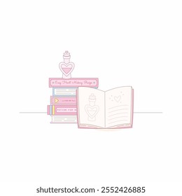 a stack of potion books for heart magic potion making, vector illustration