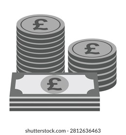 Stack of pound coins and banknotes on a white background, symbolizing British currency and finance