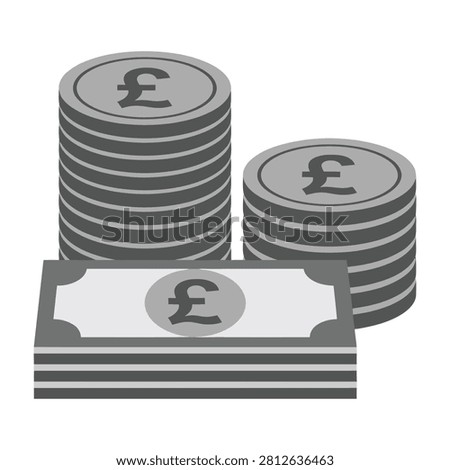 Stack of pound coins and banknotes on a white background, symbolizing British currency and finance