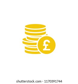 Stack of pound sterling coins with coin in front of it. Flat blue icon. Isolated on white. Economy, finance, money pictogram. Wealth symbol.  Vector illustration.