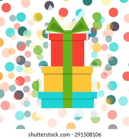 A Stack Of Presents And Confetti. Vector Card.