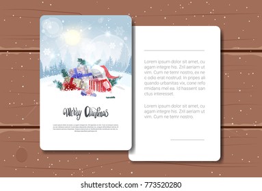 Stack Of Presents Over Winter Forest Landscape Merry Christmas Holiday Greeting Card Or Postcard On Wooden Texture Background Vector Illustration
