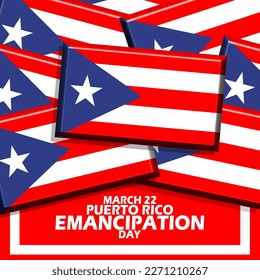 Stack of Puerto Rico flags with frame and bold text on red background to commemorate Emancipation Day on March 22 in Puerto Rico