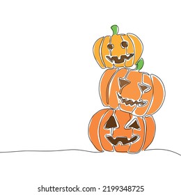 Stack of pumpkin for Halloween card or banner. Hand draw line art outline one cine coloring vector illustration