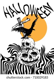 stack pumpkin with skull and crow in Halloween. 