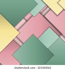 Stack of random rectangles hovering in space on a flat surface. Abstract background in the paradigm of material design. Perfect background texture with multiple colors and 3d effects.