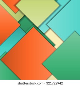 Stack of random rectangles hovering in space on a flat surface. Abstract background in the paradigm of material design. Perfect background texture with multiple colors and 3d effects.