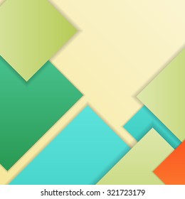 Stack of random rectangles hovering in space on a flat surface. Abstract background in the paradigm of material design. Perfect background texture with multiple colors and 3d effects.