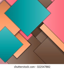 Stack of random rectangles hovering in space on a flat surface. Abstract background in the paradigm of material design. Perfect background texture with multiple colors and 3d effects.