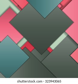 Stack of random rectangles hovering in space on a flat surface. Abstract background in the paradigm of material design. Perfect background texture with multiple colors and 3d effects.