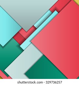 Stack of random rectangles hovering in space on a flat surface. Abstract background in the paradigm of material design. Perfect background texture with multiple colors and 3d effects.