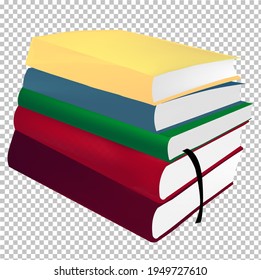 Stack of realistic hardback books with bookmark on transparent background. Education and hobby concept. 3d textbooks for studying a subject or reading books for the soul. Vector image.
