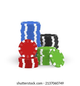 Stack of realistic multicolored casino chips vector illustration. Heap of gambling tokens for playing lucky fortune game roulette, poker, blackjack isolated. Plastic rounded sport gaming equipment
