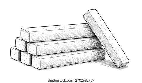 Uma pilha de bastões de giz retangulares com um bastão de giz cilíndrico inclinado contra eles.