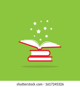 stack of red books and open book with white stars flying out.  Isolated on green background. Flat icon. Vector illustration. Magic reading logo. Fairytale, kids book. Knowledge. 