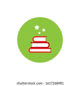 stack of red books and white stars in green circle icon.  Isolated on white background. Flat icon. Vector illustration. Magic reading logo. Fairytale pictogram. kids book. Knowledge. 