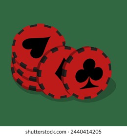 a stack of red game chips on a green background. vector illustration. online casino.