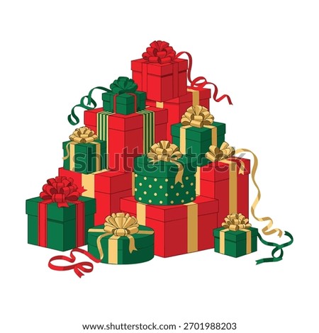 Stack of red and green gifts adorned with gold ribbons and bows represents christmas holiday celebrations festive giving and joyful moments perfect for seasonal greetings and festive designs.