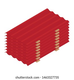 Stack of red roof tiles profile isometric view isolated on white background. 