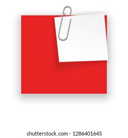 Stack of red and white stickers attached metal paper clip with corner, ready for your message. Set of red color stickers isolated on white wall background. illustration set paper Front wall view