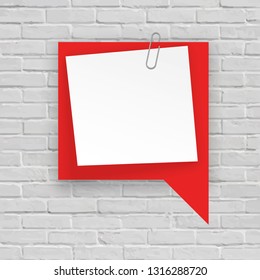 Stack of red and white stickers attached metal paper clip with corner, ready for your message. Set of red color stickers isolated on white wall background. illustration set paper Front wall view