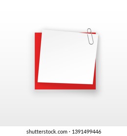 Stack of red and white stickers attached metal paper clip with corner, ready for your message. Set of red color stickers isolated on white wall background. illustration set paper Front wall view