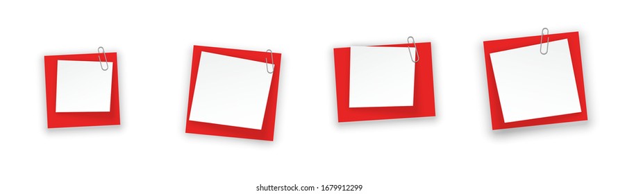 Stack of red and white stickers attached metal paper clip with corner, ready for your message. Set of red color stickers isolated on white wall background. illustration set paper Front wall view