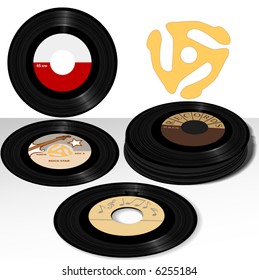 Stack of Retro 45 RPM single records: including sample label designs, and classic spindle adapter.