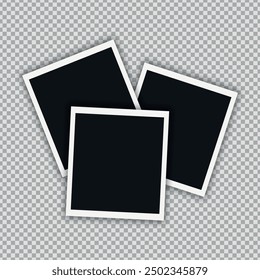 Stack of retro photo cards. Blank photo frame template on transparent background. Vector illustration