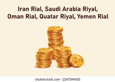 Stack of Riyal or Rial gold coins. Realistic 3D gold coins. Ecommerce free credit concept.