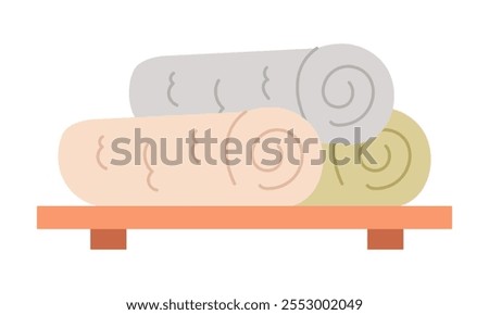 A stack of rolled towels arranged on a wooden shelf in a spa or sauna setting, conveying a relaxing atmosphere.
