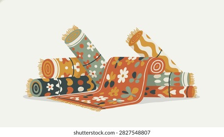 Stack of rolled and unrolled traditional carpets with colorful floral and geometric patterns on a white background.