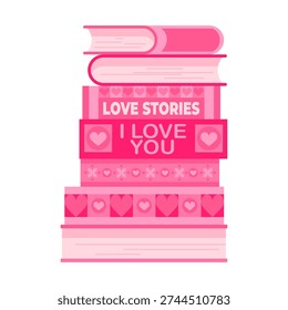 Stack of romantic books with love themed covers. Flat vector illustration for Valentine’s Day greeting cards, wedding designs, stickers, posters and cozy reading concepts.