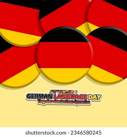 Stack of round pins containing the image of the German flag, with bold text on light yellow background to commemorate German Language Day on September 9
