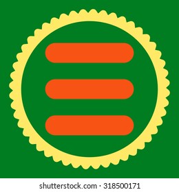 Stack round stamp icon. This flat vector symbol is drawn with orange and yellow colors on a green background.