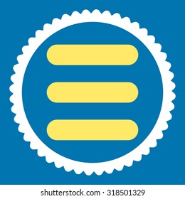 Stack round stamp icon. This flat vector symbol is drawn with yellow and white colors on a blue background.