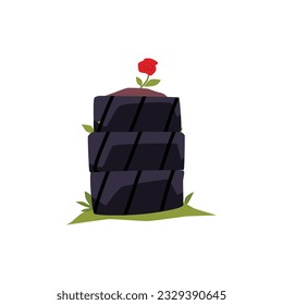 Stack of rubber tires with a cute flower, destroyed city elements. Consequences of earthquake or apocalypse concept. Vector illustration isolated on white background. Great for elements of games or