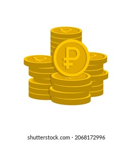 Stack of ruble coins in gold. Money icon 3d style isolated on white background. Vector illustration 