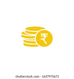 Stack of rupee coins with coin in front of it. Flat gold icon. Isolated on white. Economy, finance, money pictogram. Wealth symbol.  Vector illustration.