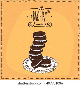 Stack of sandwich cookies, consisting of two chocolate wafers stuffed with cream in the middle, lie on lacy napkin. Yellow background. Handmade cartoon style. Vector illustration