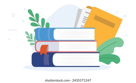 Stack of school books - Simple vector illustration of education book on top of each other with decorative leafs and white background in flat design